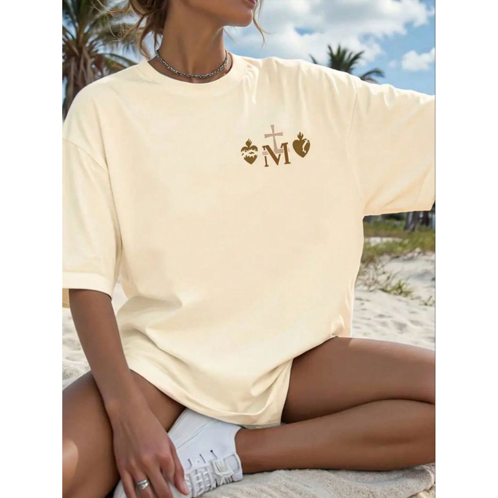 Camiseta Blusinhas Bege Catolica Cenaculo Maria Co