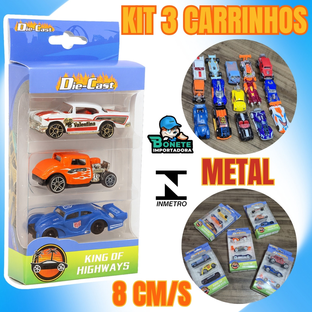 Kit com 3 Carrinhos de Brinquedo Estilo Hot Wheels