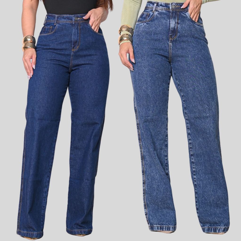 Kit 2 Calça Wide Leg Jeans Feminina Cintura Alta 