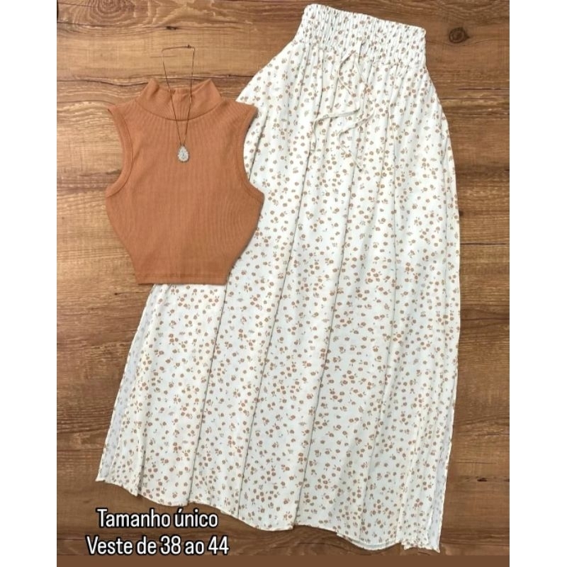 Saia Longa Estampa Floral Miúda  Moda Social / Ev