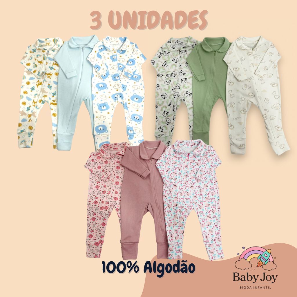 Kit 3 Macacão Longo Bebê Ribana Estampada100% Al