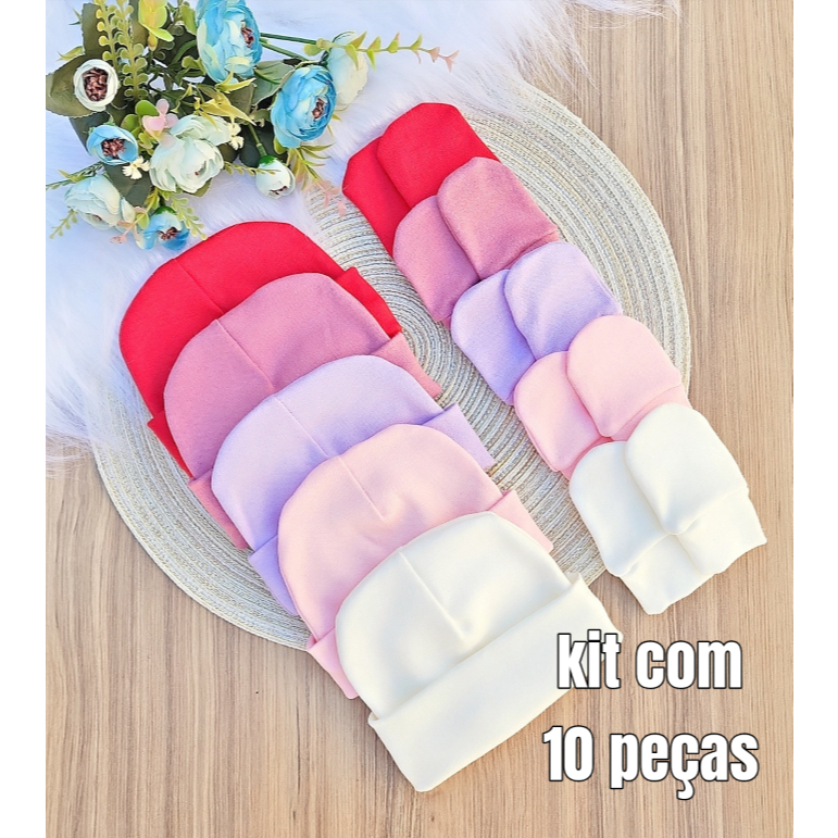Kit 5 Touca e 5 Luva Para Bebê Recém Nascido 100