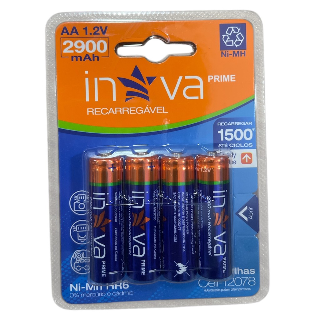 Pilhas Recarregáveis AA 2900mAh  Kit 4 Unidades, 
