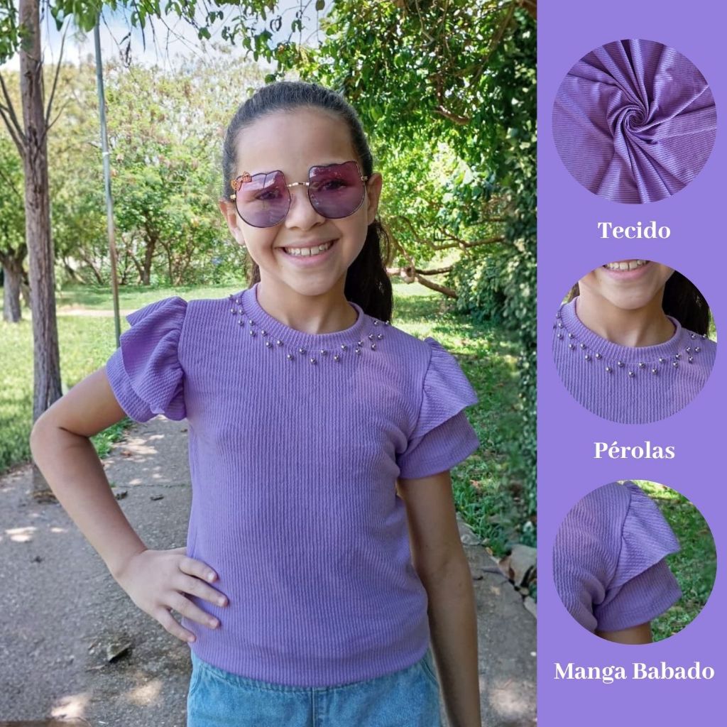Blusa Feminina, Infantil, Manga Babado, Pérolas e