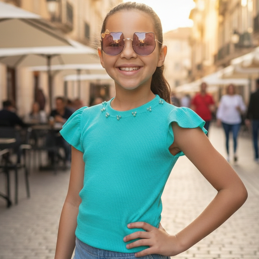 Blusa Infantil Feminina, Babado, Pérolas em Tecid