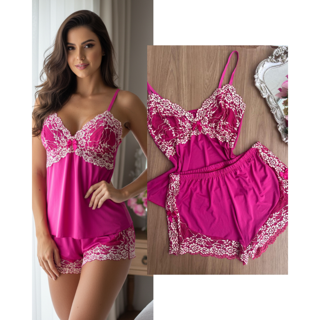 Shortdoll Babydoll Feminino Rosa Poliamida com Ren