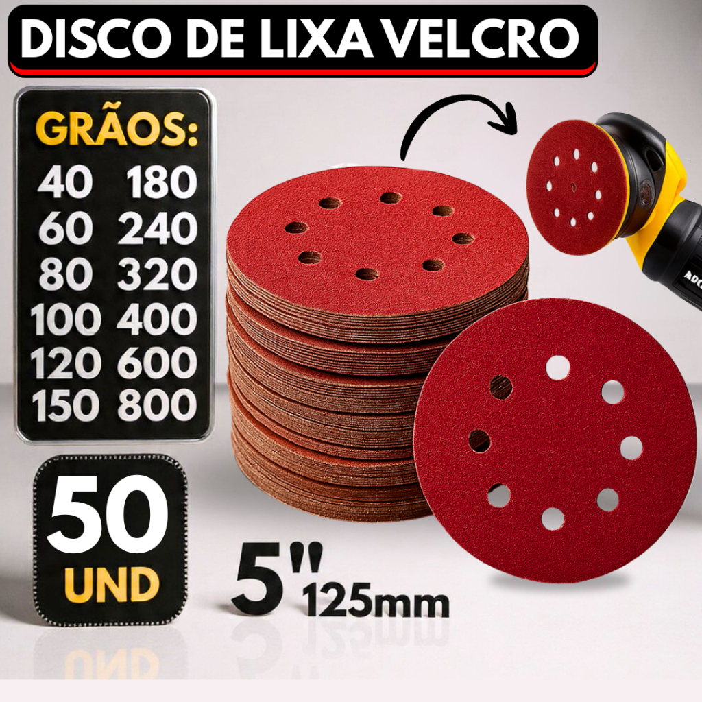Kit 50 Disco Lixa com Velcro 125mm 8 Furos Lixadei