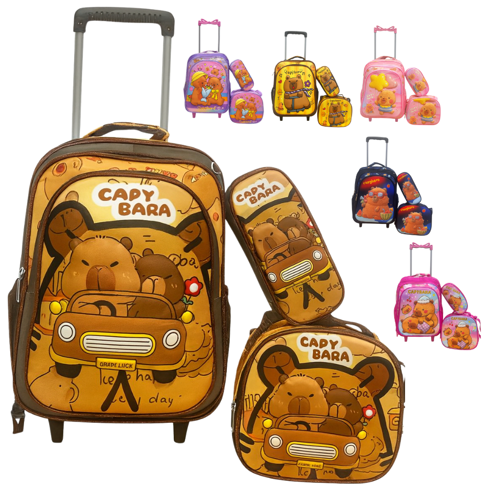 Kit Mochila Infantil Capybara com Rodinhas 3D + La