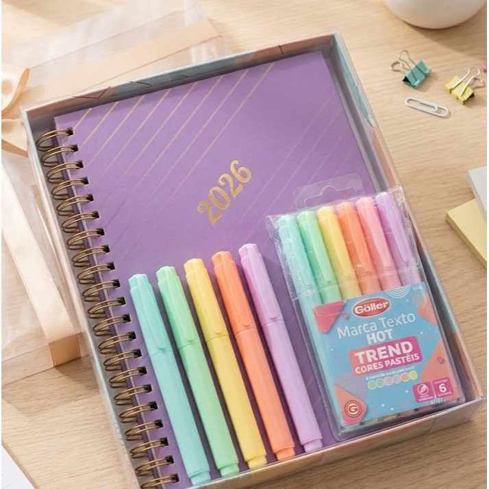 KIT Nova Agenda 2026 + 6 Marca-Texto Tom Pastel ag