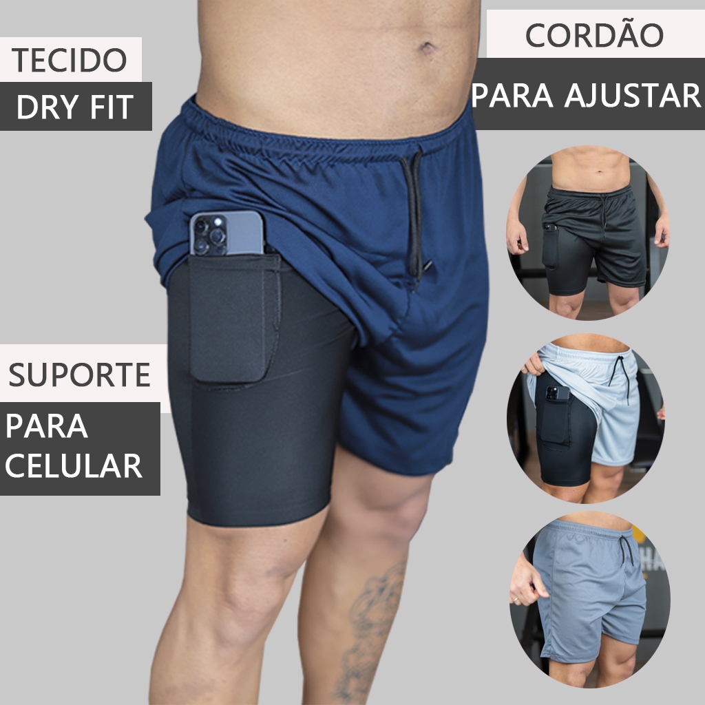 Shorts 2 em 1 Dry Fit Masculino com bolso interno 