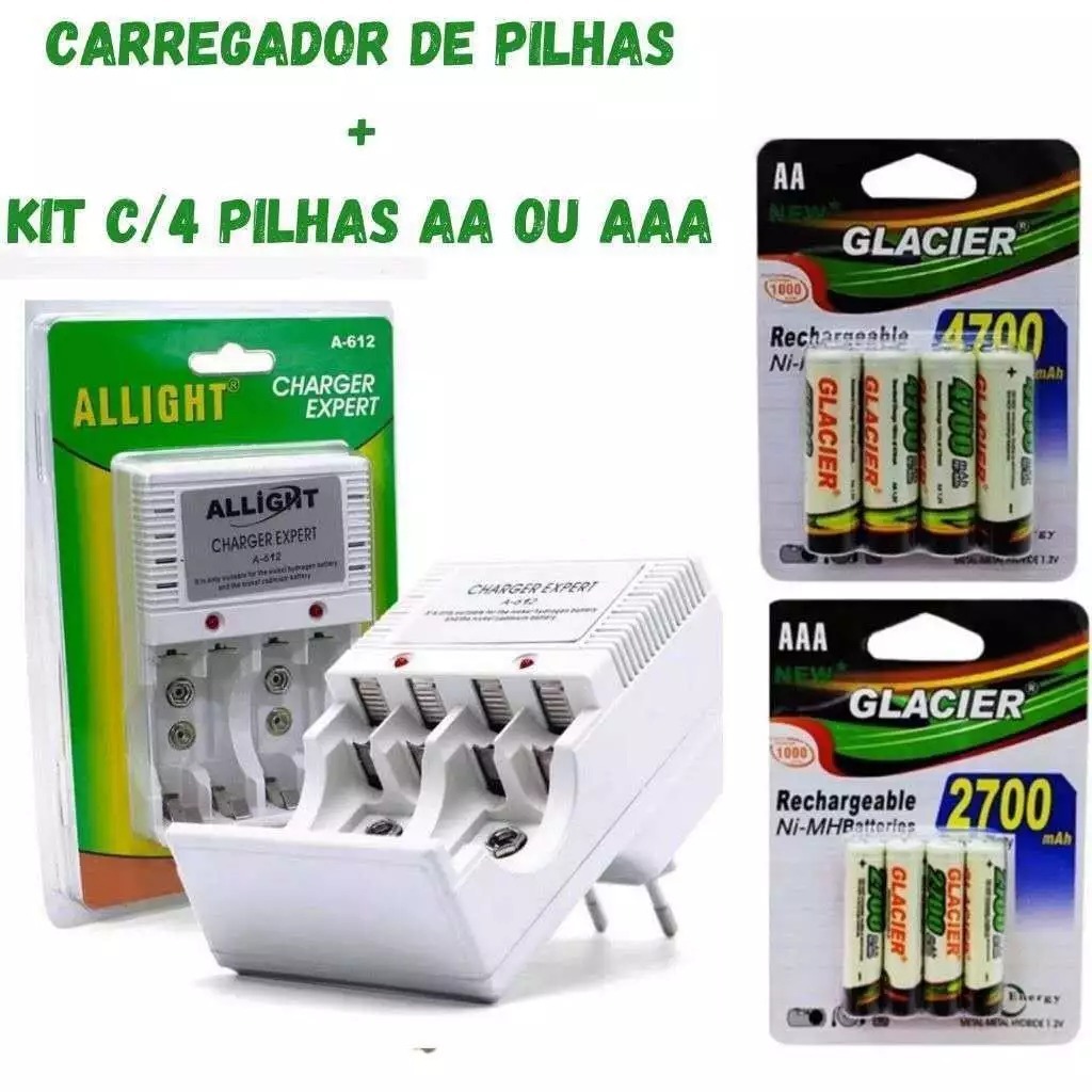 Kit Carregador De Pilhas Aa/Aaa/Bateria 9v Recarre