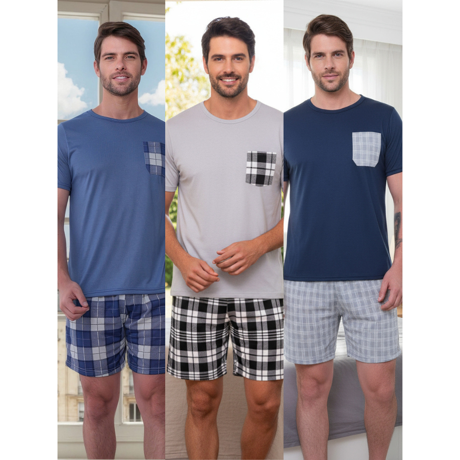 Kit 3 Conjuntos Pijamas Masculino Xadrez Short Cur