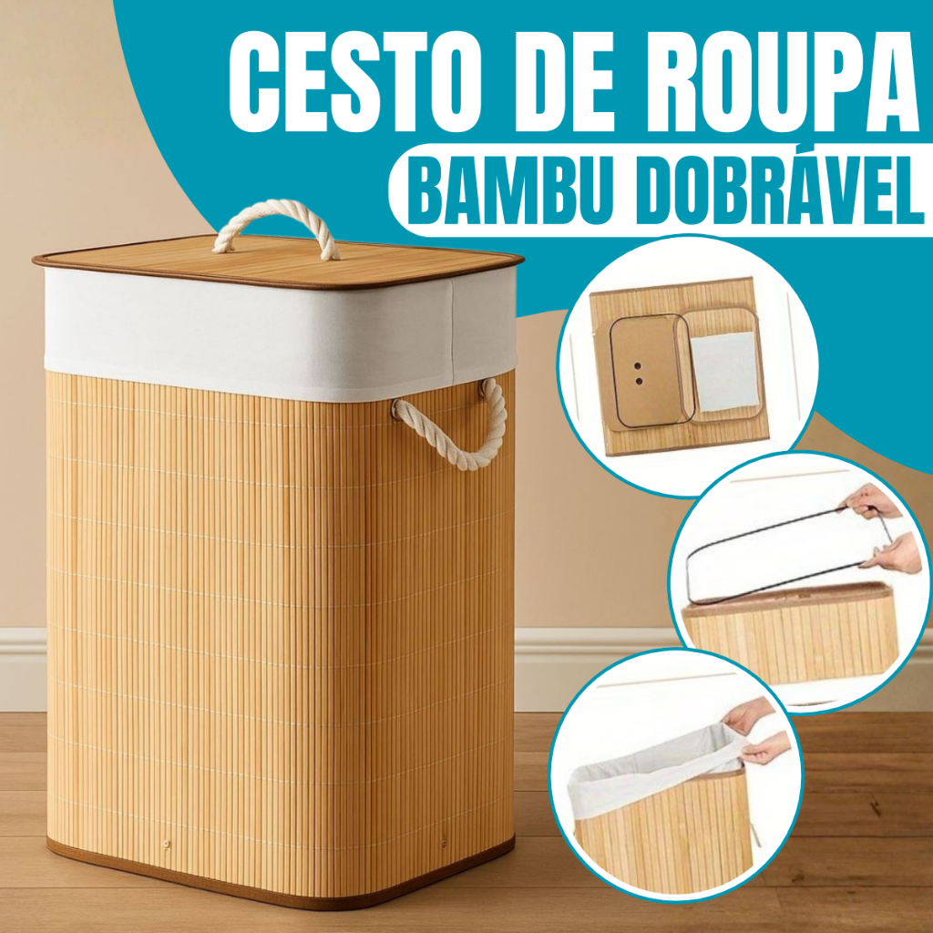60L Cesto de Roupa Bambu Dobrável  Organizador co