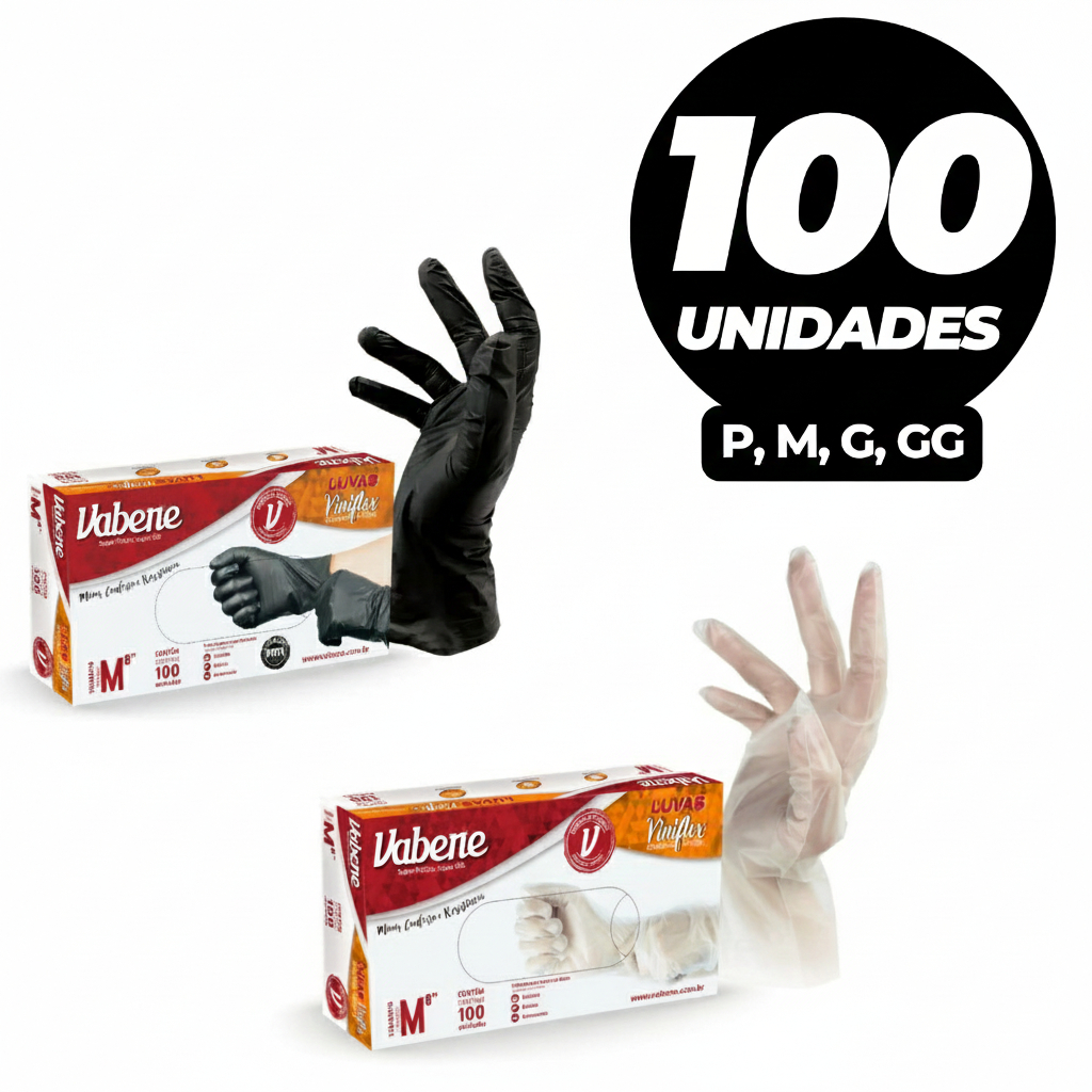 Kit 100 Luvas pretas sem pó viniflex descartávei