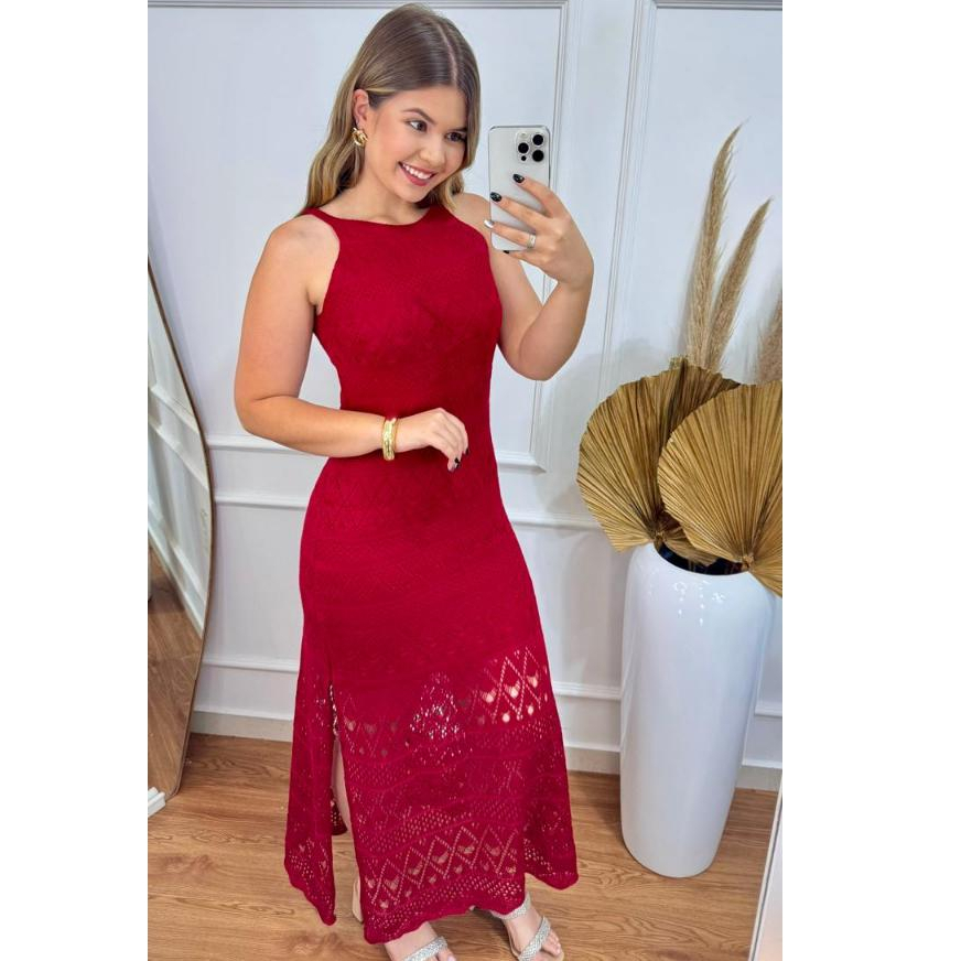 Vestido Tricot Longo Raabe Forrado Com Fenda Moda 