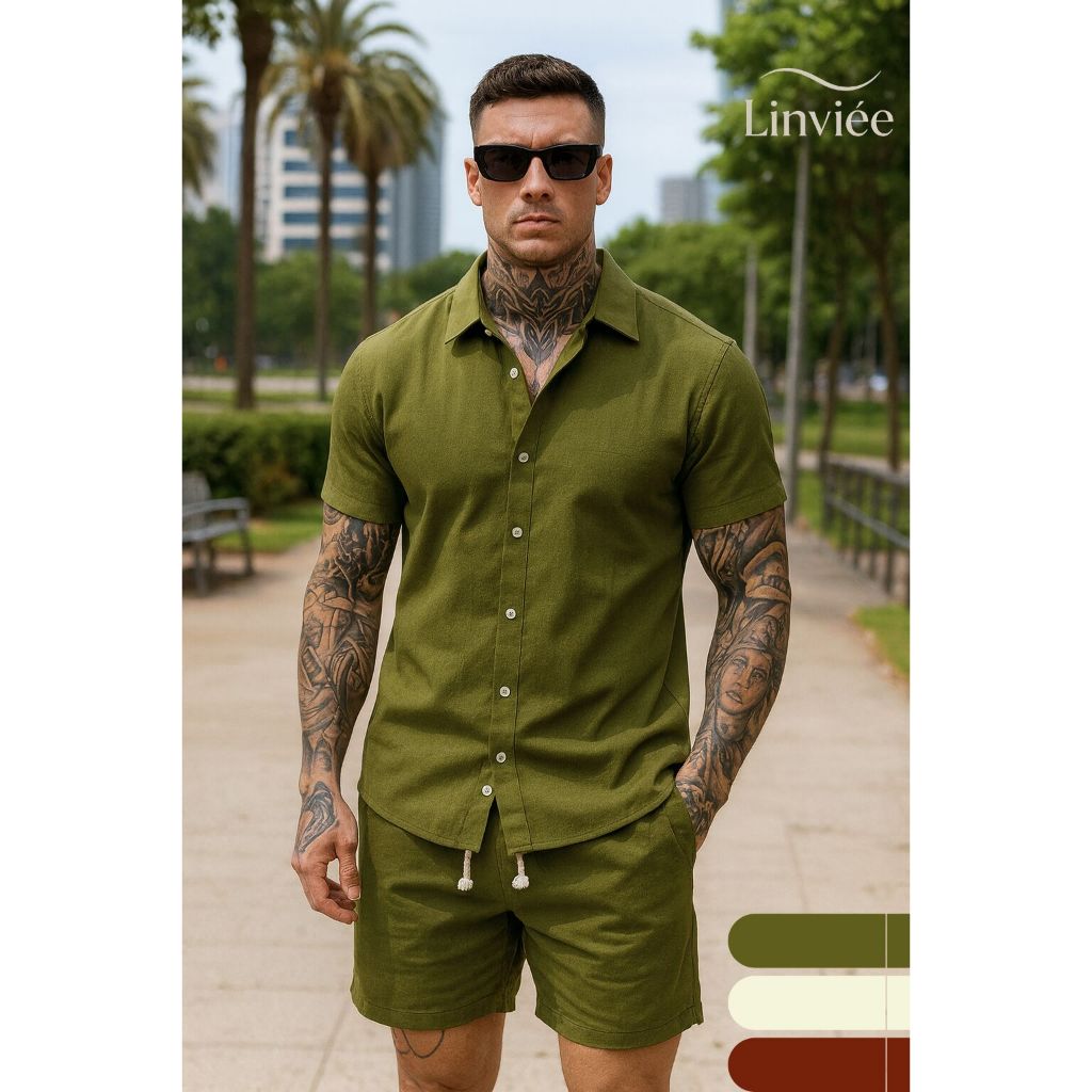 Conjunto Linho Masculino Camisa Botão Bermuda Mau
