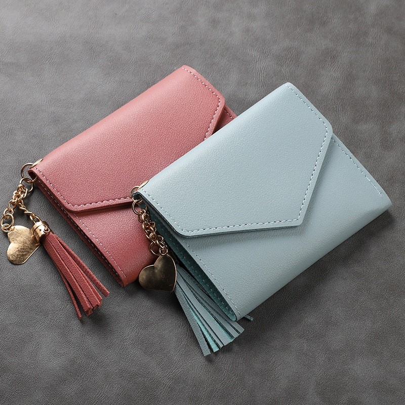 Carteira feminina pequena em couro, com porta-cart