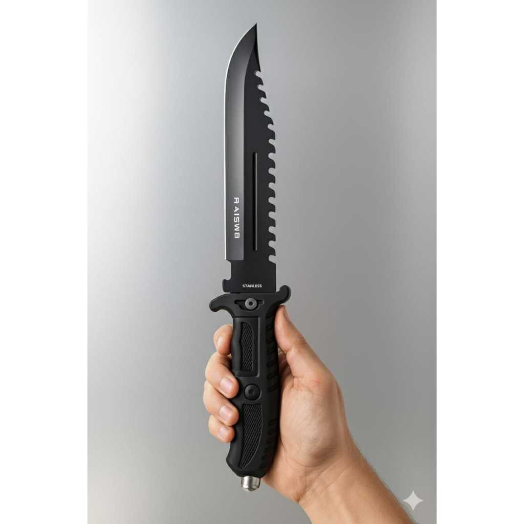 Faca Esportiva Preta, Cabo Emborrachado Quebra Vid