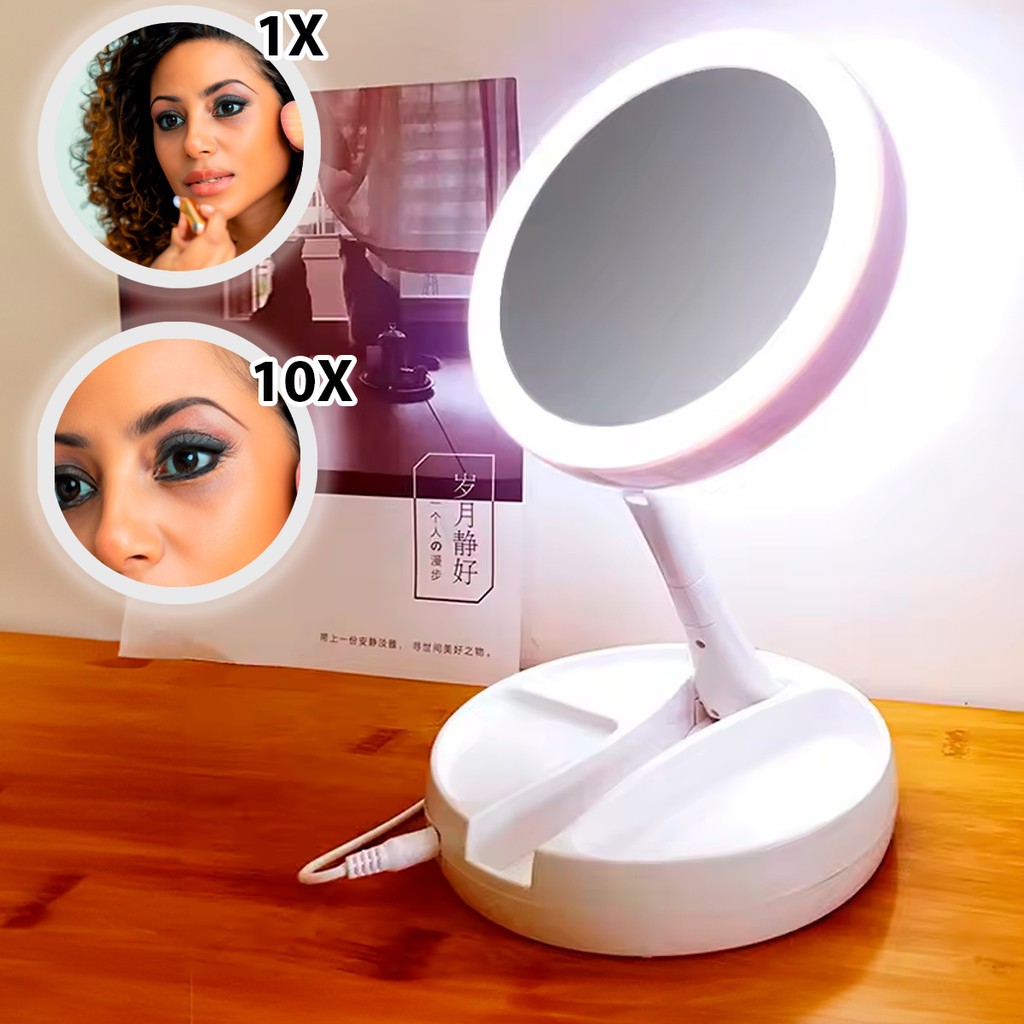 Espelho Led Maquiagem Dobravel Dupla Face Aumento 