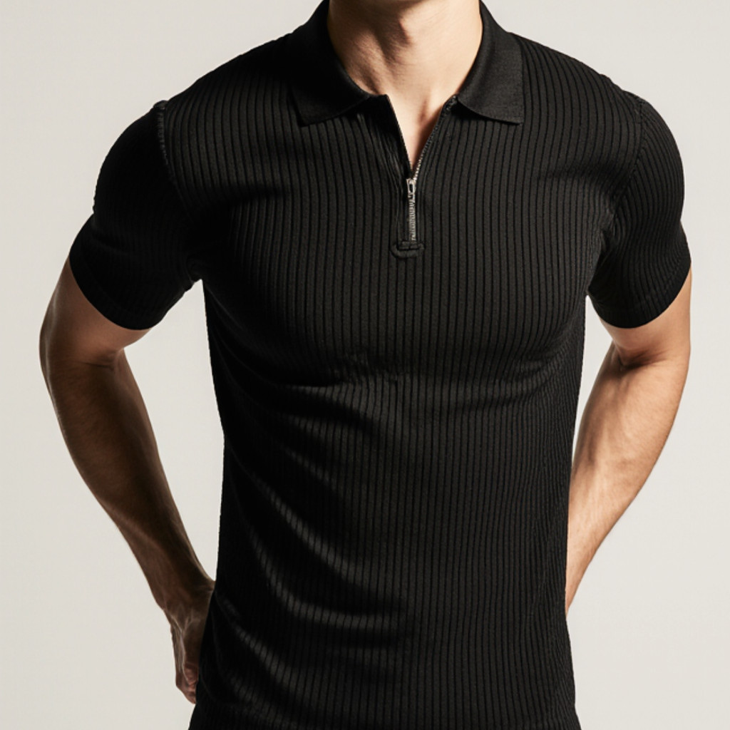 Camiseta Polo Canelada Manga Curta Com Ziper Mascu