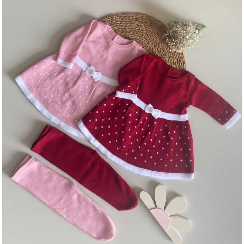Vestido Poá mais Calça em Tricot Recém Nascido 