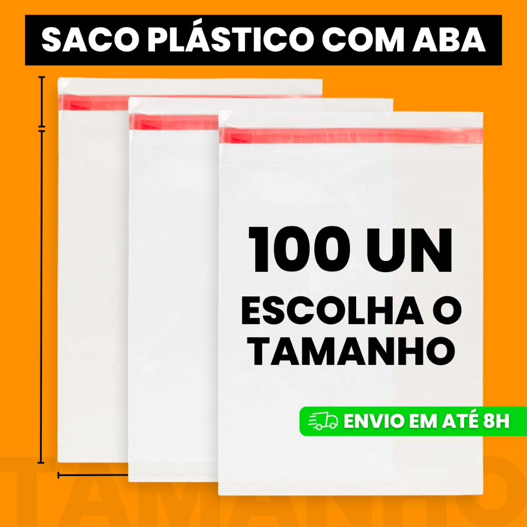 Pacote com 100 Sacos Plásticos Adesivados Com Aba