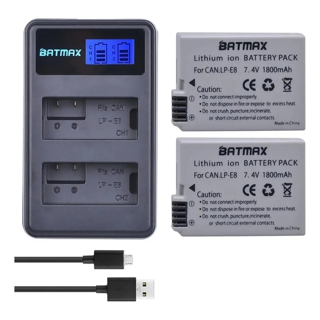Kit 2 Bateria Batmax Lp-e8 Com Carregador Duplo