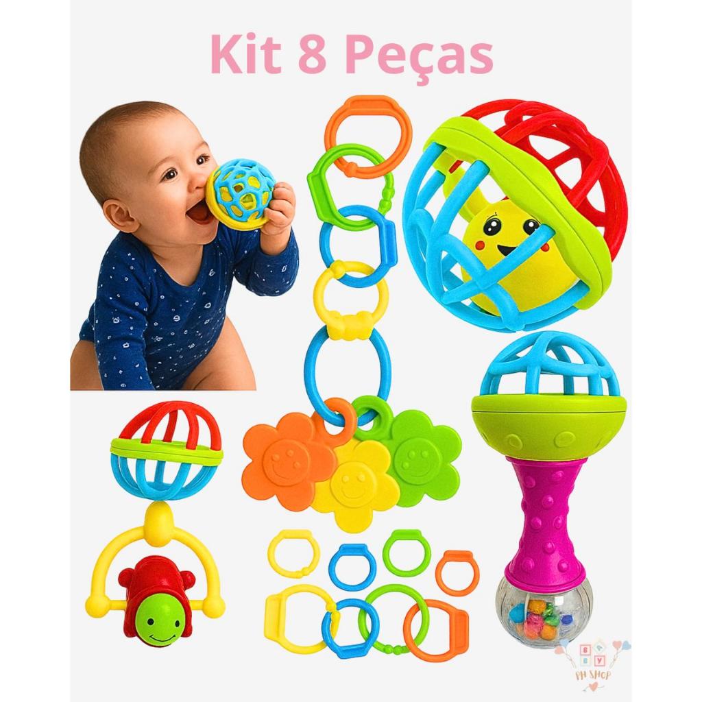 Kit Brinquedos Bebê Chocalhos Mordedor Sensorial 