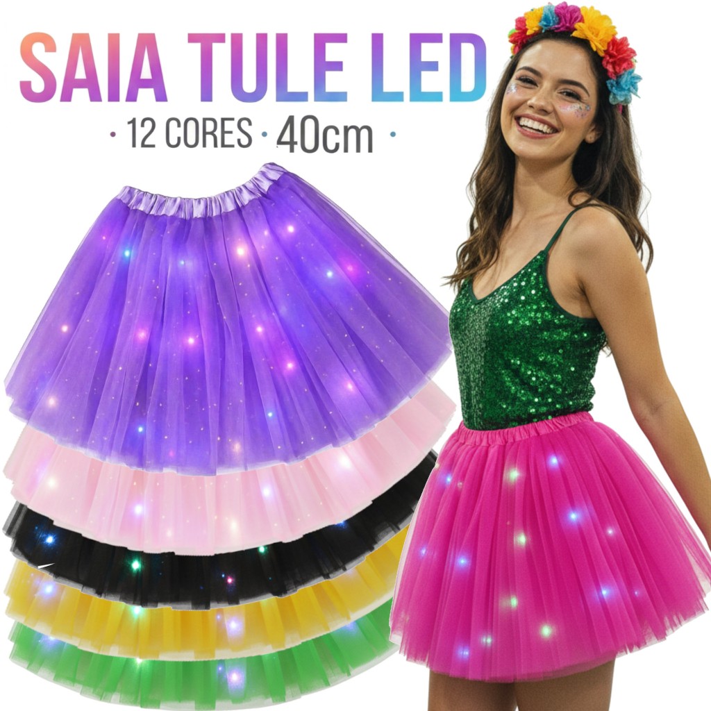 Saia Tule Tutu Brilho Colorida 40cm Carnaval com L