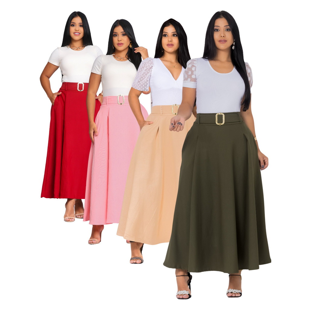 Saia Longa Feminina Elegante Sensorial com Bolsos 