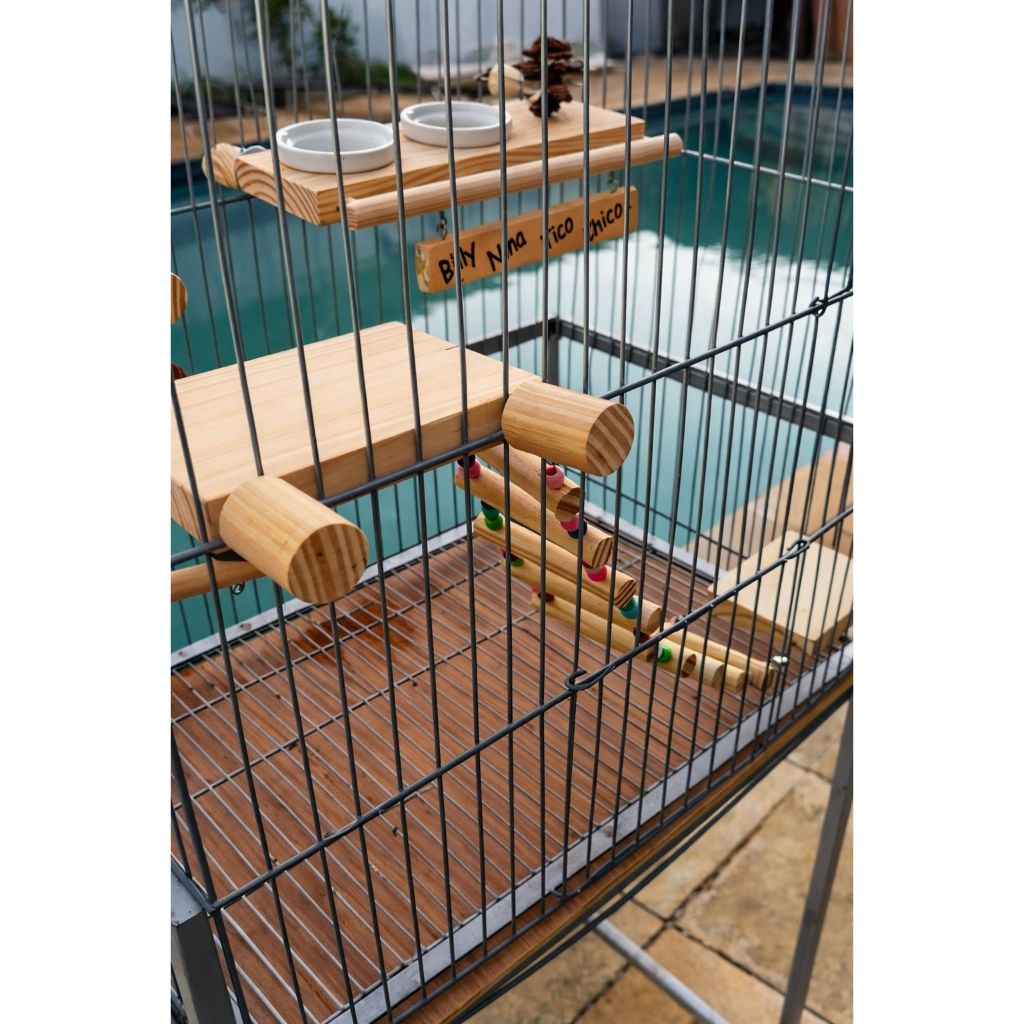 Kit 2 Plataformas em Madeira + Escada para Aves | 