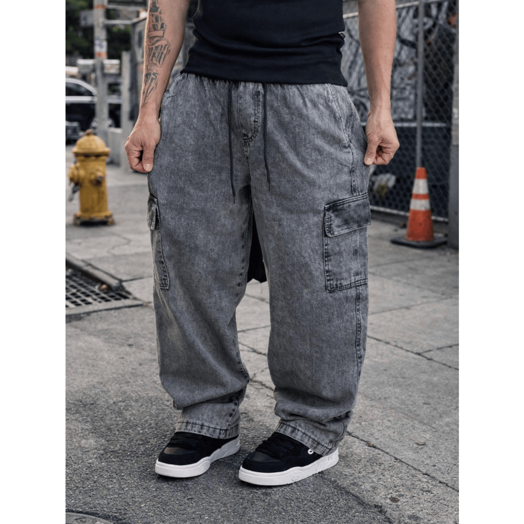Calça Jeans Cinza Balão Cargo Streetwear