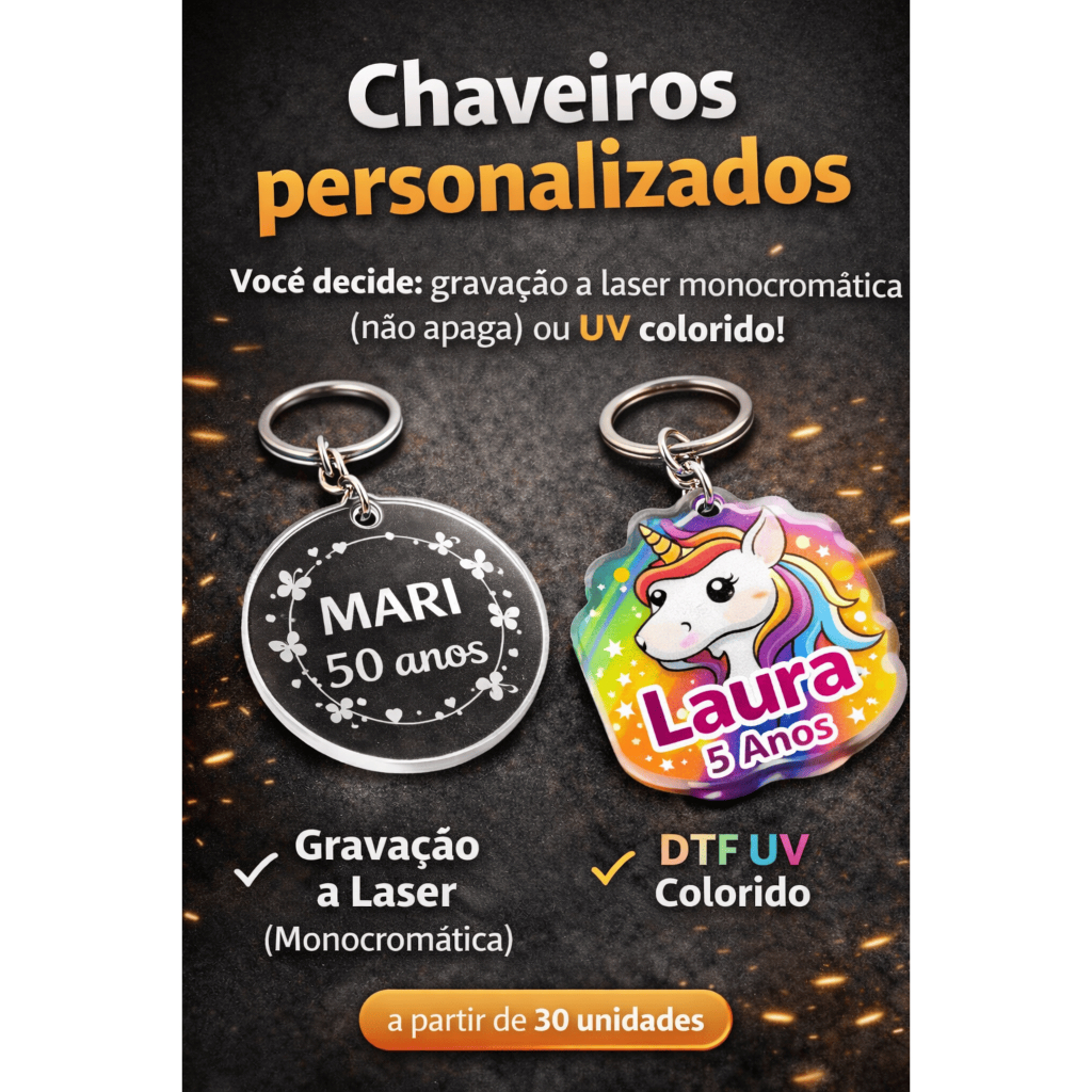 Kit 30, 50 e 100 Chaveiros Personalizados Acrílic