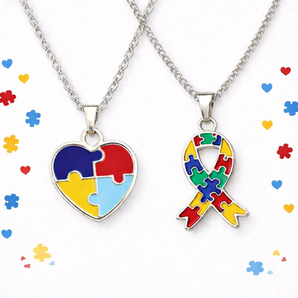 Kit 2 Colar do Autismo Coração Quebra Cabeça La