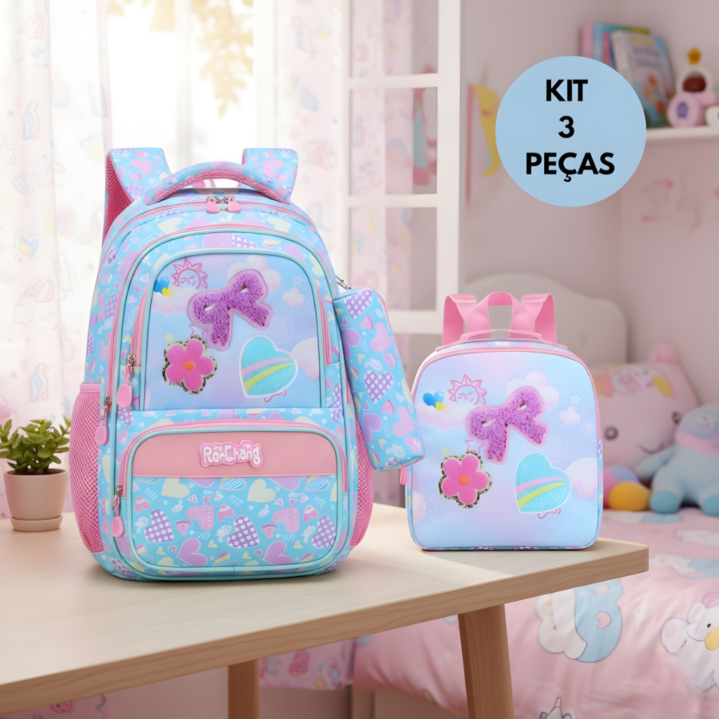 Kit Mochila 3 Peças Escolar Infantil Com Lancheir
