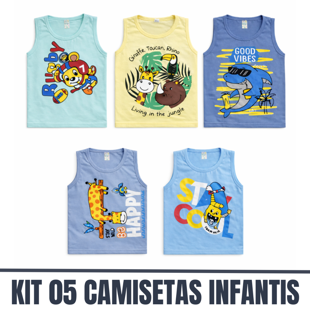 Kit 5 Camisetas Regatas infantil Menino Estampado 