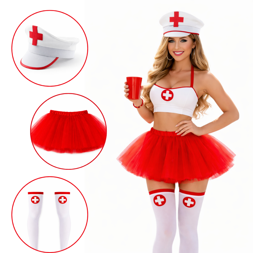 Fantasia Enfermeira Kit 3 pçs Tiara Saia Tule Ver