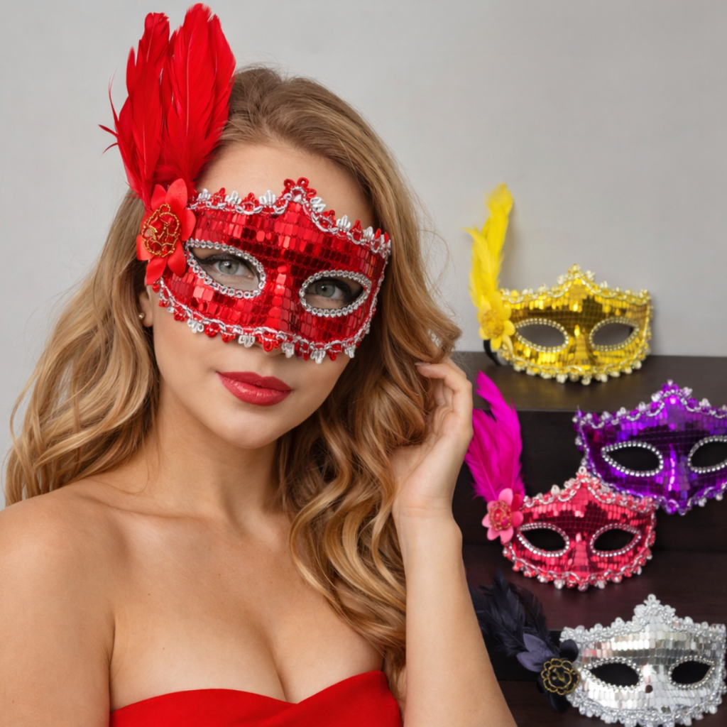 Kit 1/4/6 Máscaras de Carnaval luxo Plumas Gema F