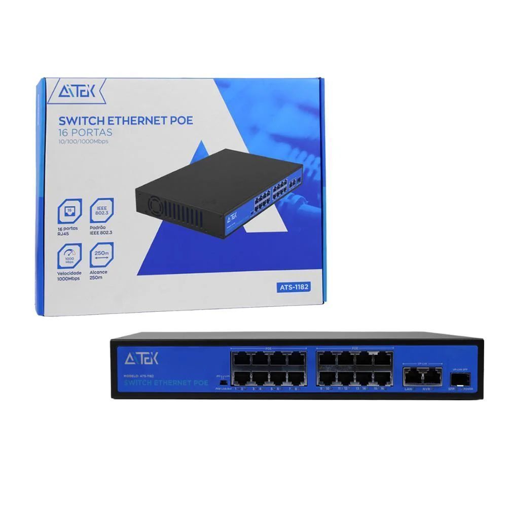 Switch PoE 8 e 16 Portas Gigabit  ATS-182 e ATS-11