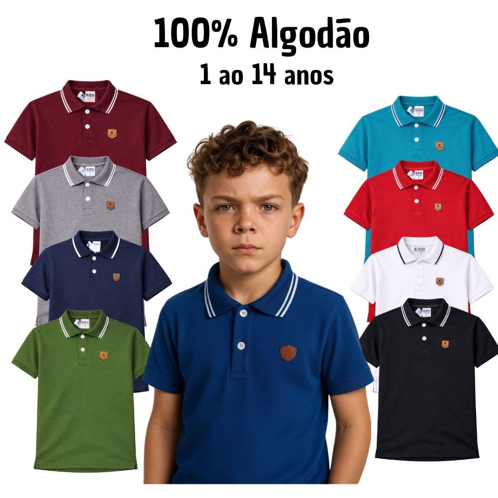 Camiseta Polo Menino 100% Algodão Masculina Para 