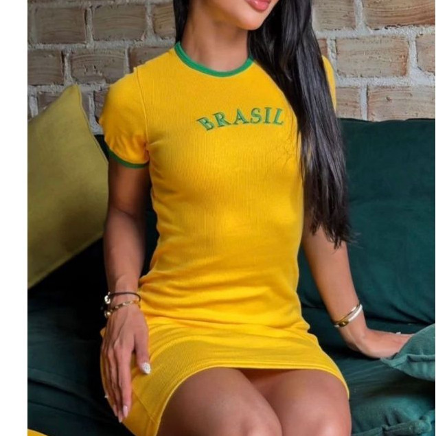 Vestido Tubinho Feminino Manga Curta Brasil Copa d