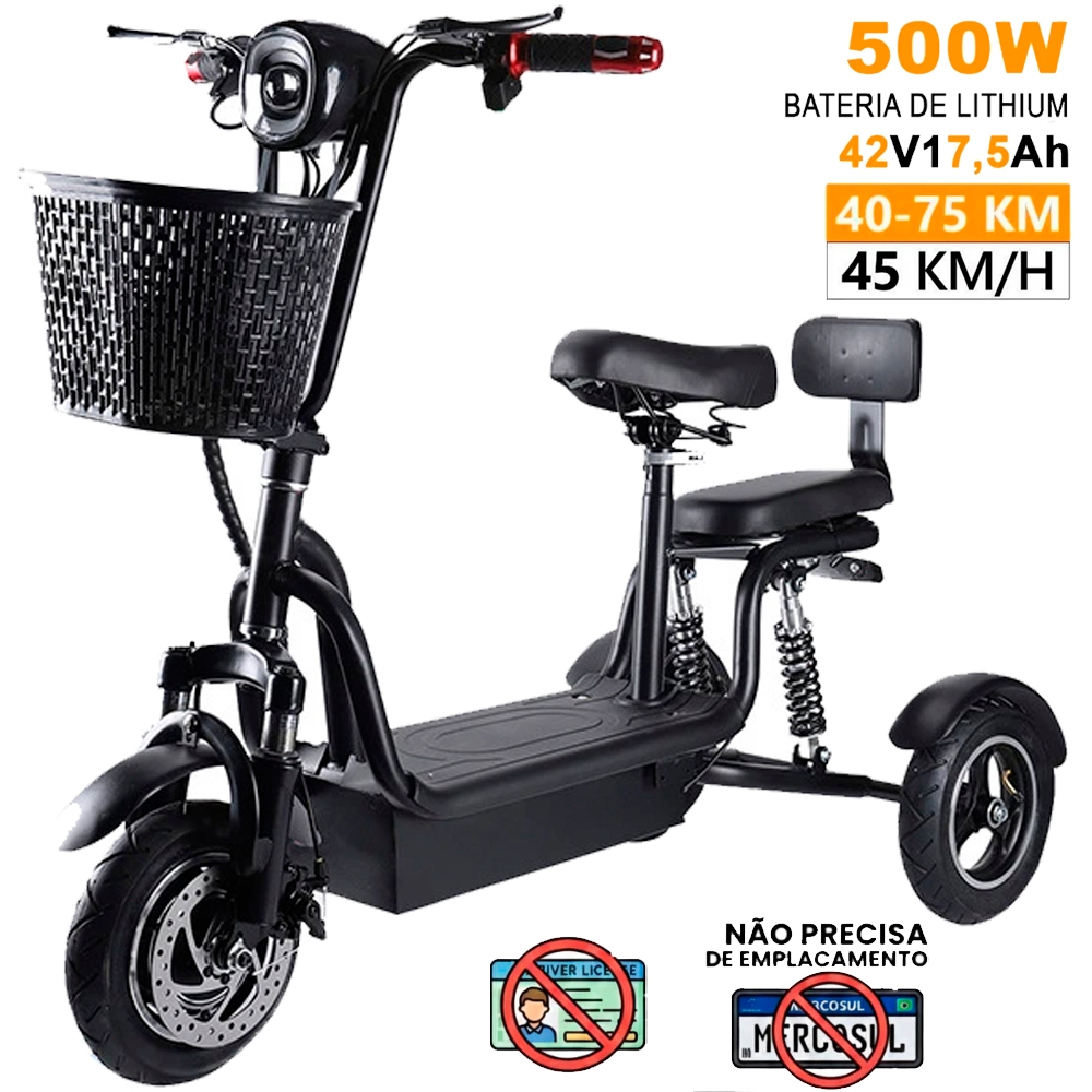 Triciclo Elétrico Adulto 500w 3 Rodas para 02 Pes