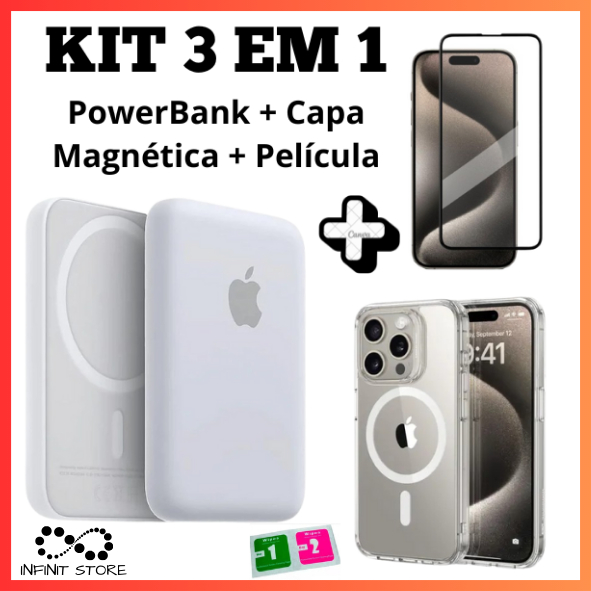 Kit 3 em 1 Portátil PowerBank + Capa Magnética +