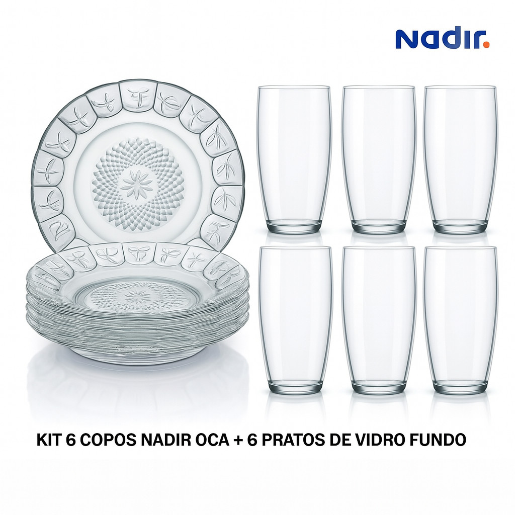 Kit 6 Copos Vidro Nadir Oca 6 Pratos Fundos Vidro 