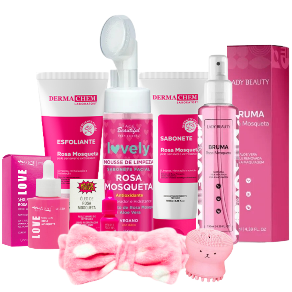 Kit skin care limpeza de pele hidratante rosa mosq