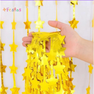 Kit 2/4 Cortina Metalizada Estrela Prata Dourada P