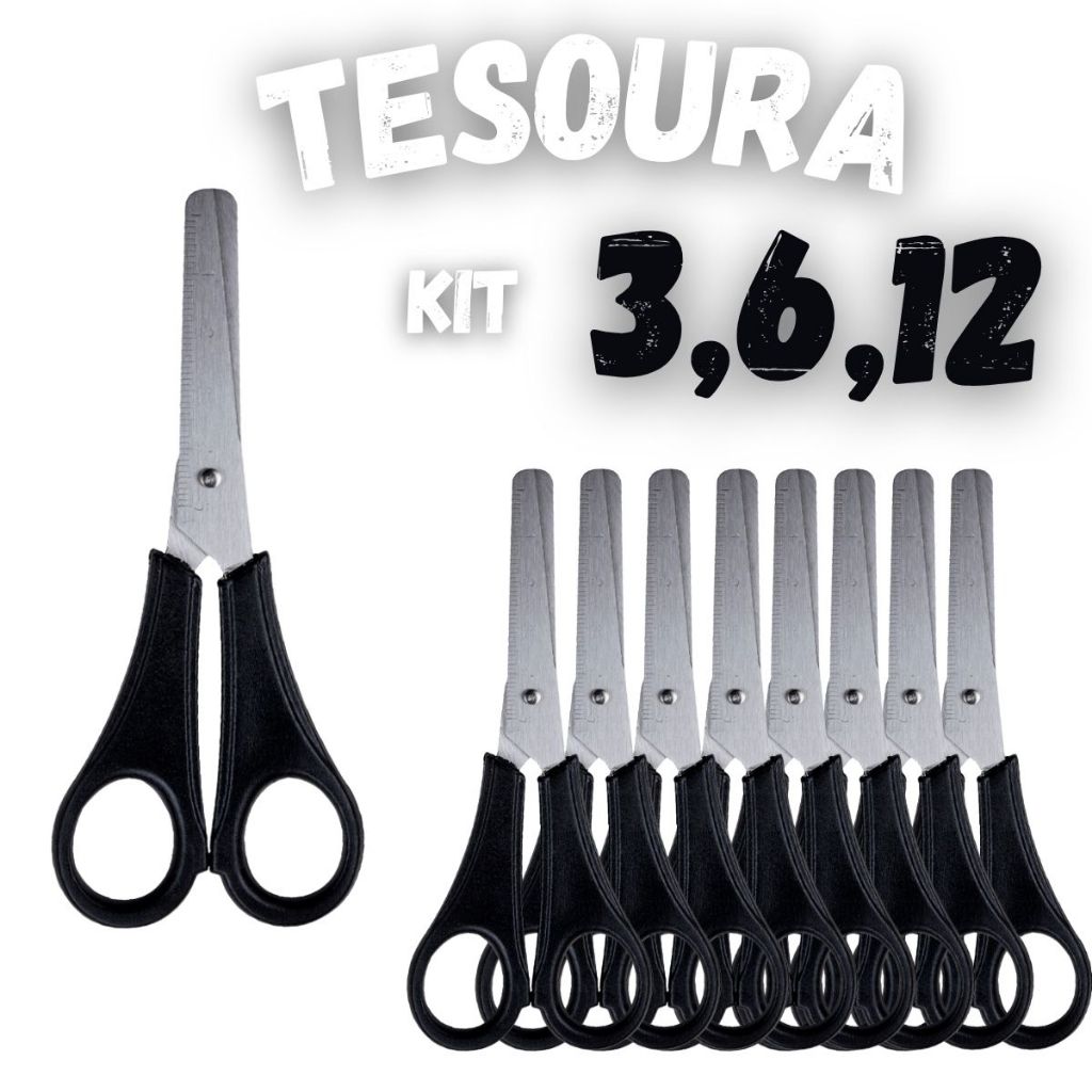 Tesoura Escolar Preta Inox 13cm Kit com 3 6 12 Uni