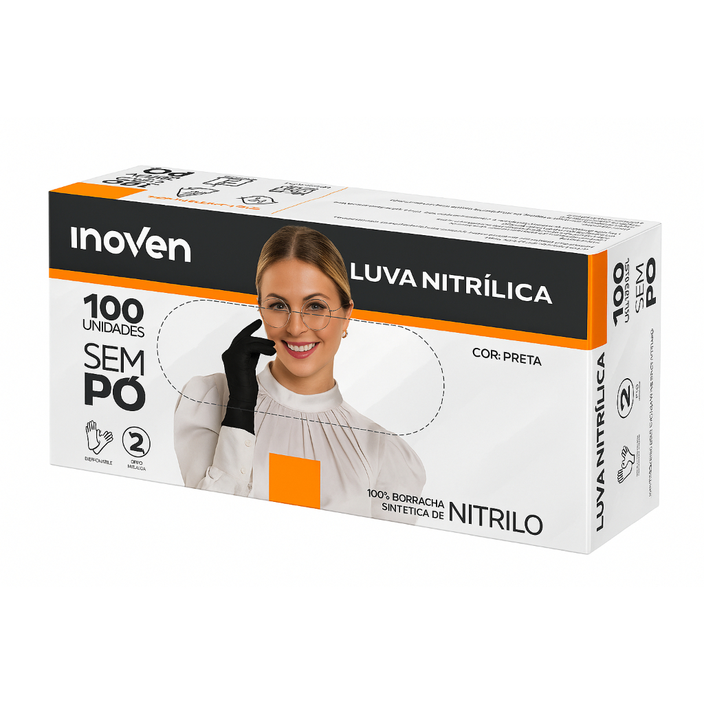 Kit 100 Luva Nitrílica Sem Pó Preta | Tamanhos P