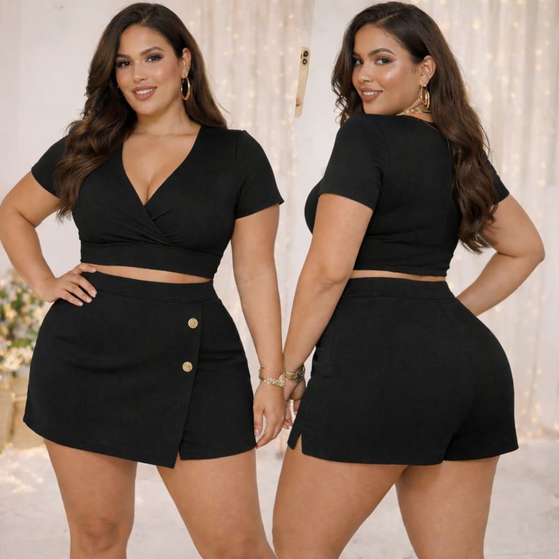 Conjunto Plus Size Feminino Short + Cropped Malha 