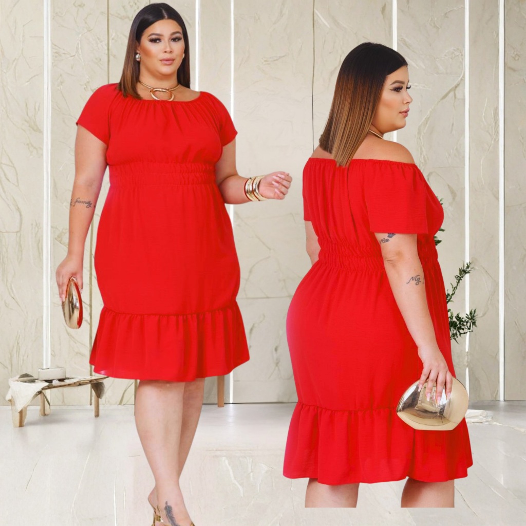 Vestido Midi Curto Ciganinha Plus Size Ombro a Omb